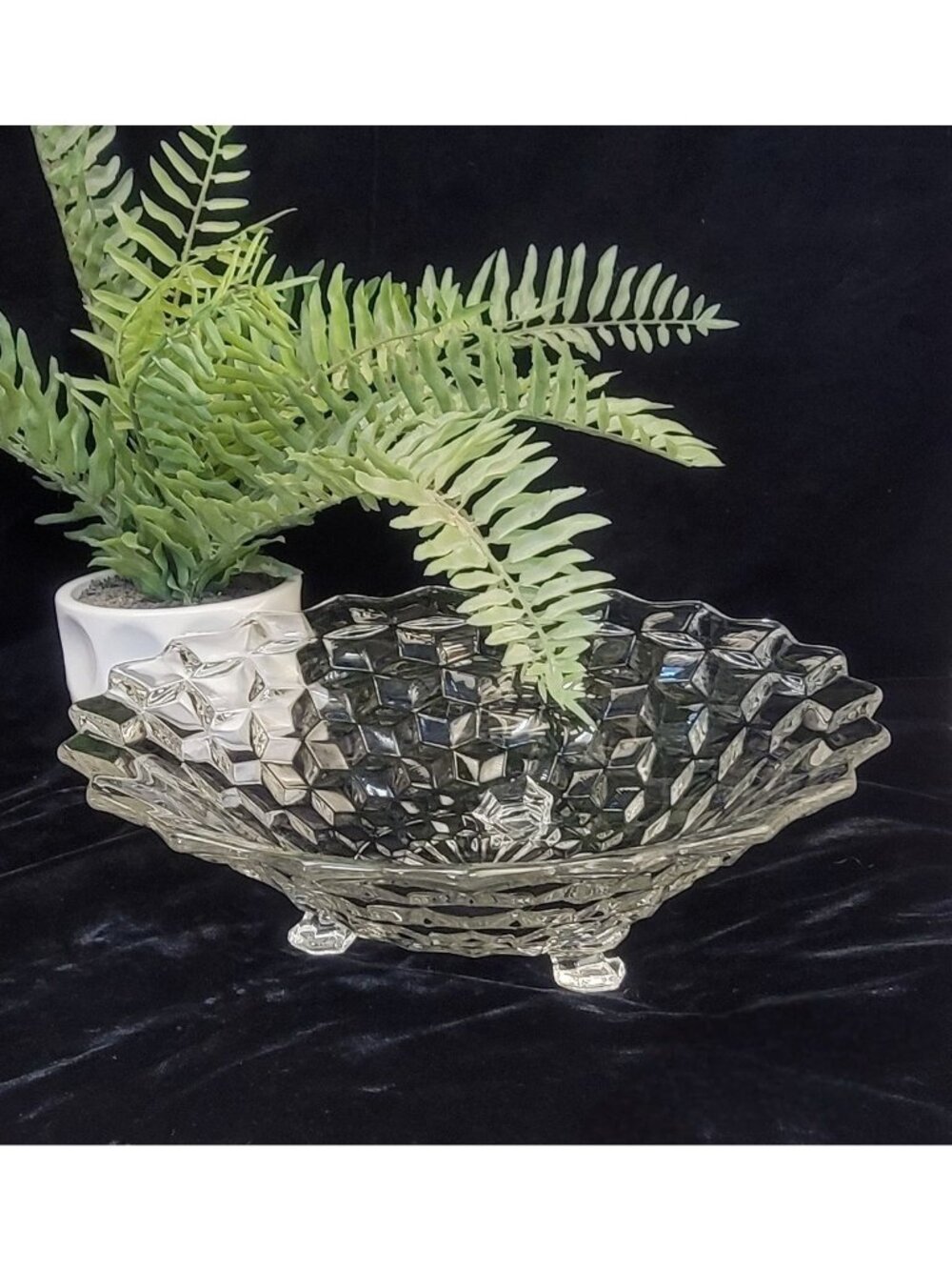 Vintage Fostoria American Three-Footed Crystal "Cubist Pattern" Bowl